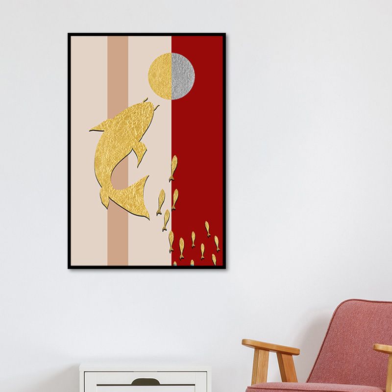 Pink-Gold Asian Wall Art Decor Fish Playing Ball Canvas Print for Dining Room