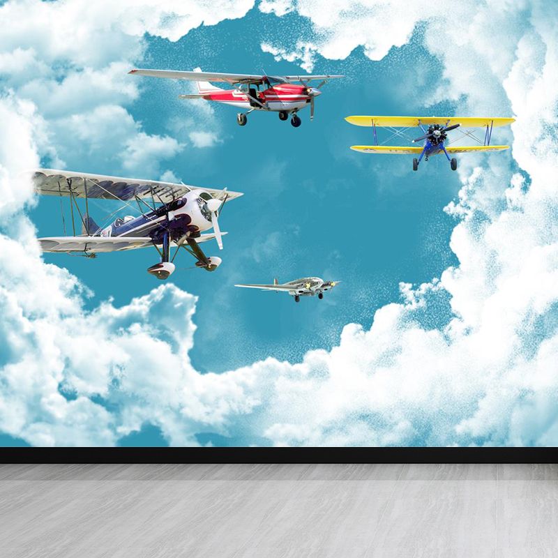 Non-Woven Waterproof Mural Cartoon Biplane and Cloud Wall Decor for Kids Bedroom