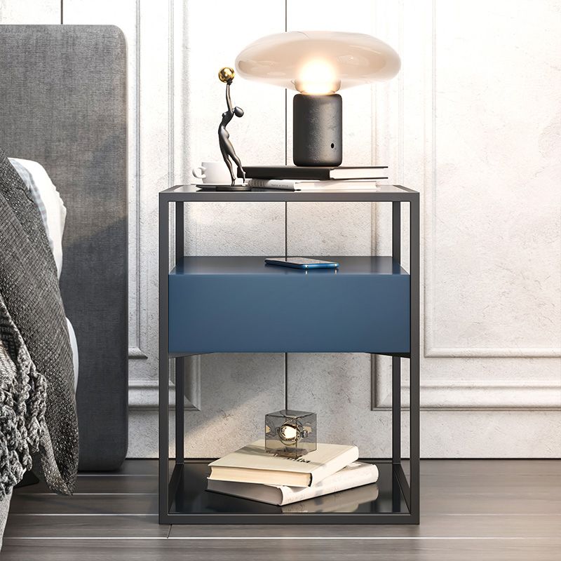 Industrial Drawers Included Bedside Cabinet Glass and Metal Nightstand for Bedroom