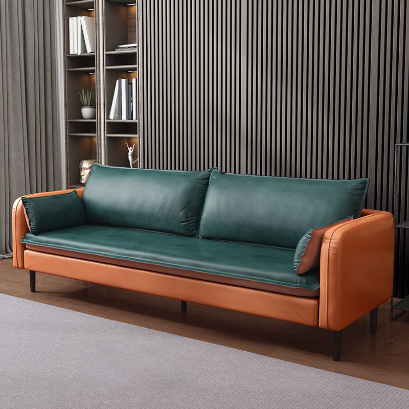 Square Arm Contemporary Faux Leather Sofa Couch in Green and Orange