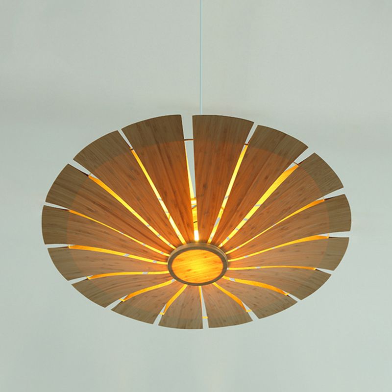 Flying Saucer Ceiling Lamp Asian Wood 19.5"/27.5" Wide 1 Bulb Beige Pendant Lighting Fixture