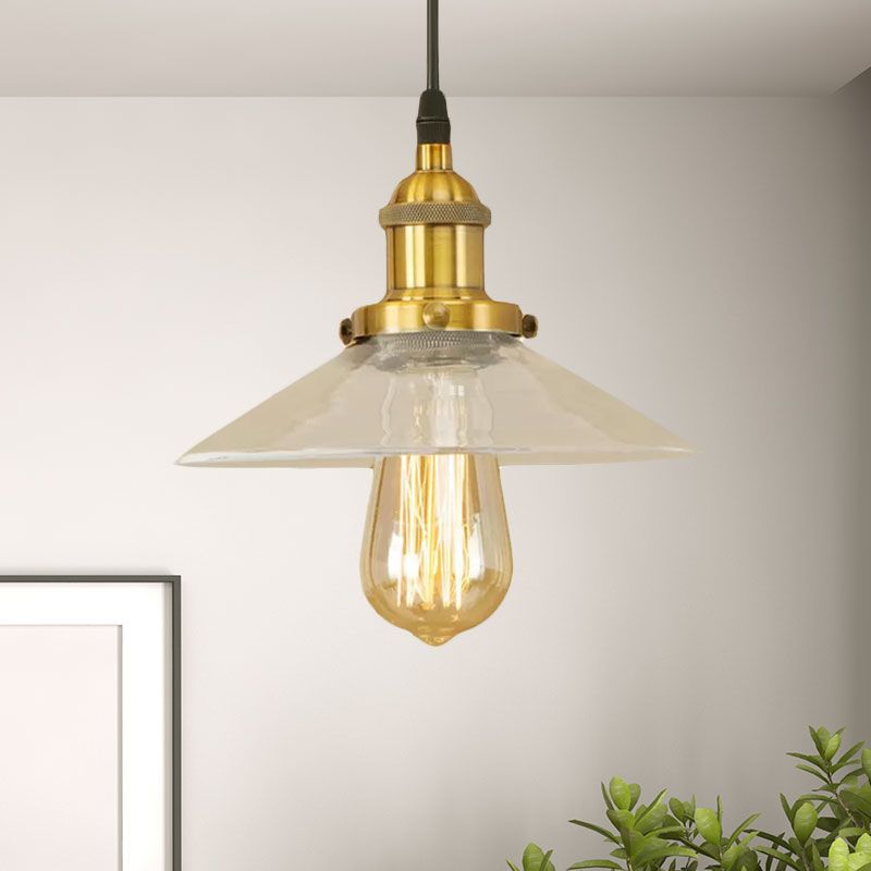 1 Light Clear Glass Pendant Lamp Industrial Black/Rust/Copper Cone Living Room Hanging Light Fixture