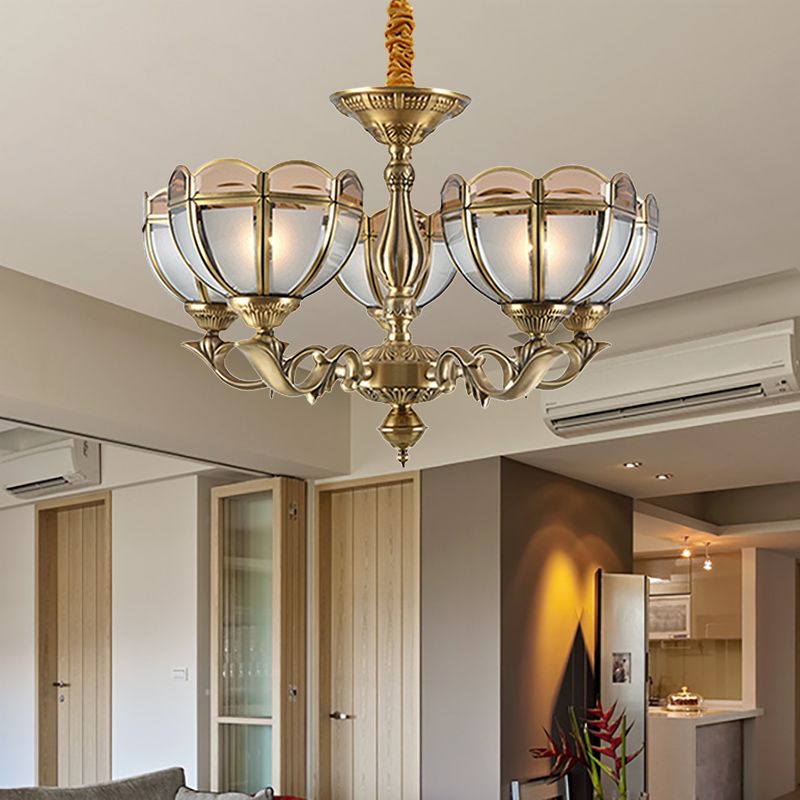 Beige Frosted Glass Gold Chandelier Lighting Dome 5/6 Bulbs Colonialist Hanging Ceiling Light