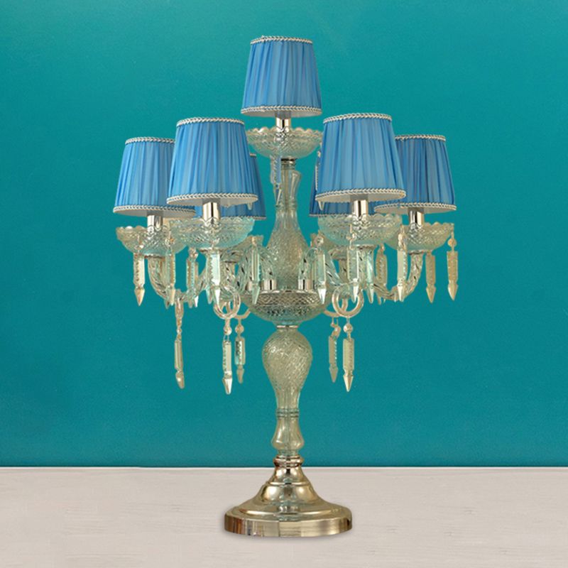 Crystal Blue Nightstand Lamp Candlestick 5/6/7 Bulbs Traditional Sleeping Room Table Light with Barrel Fabric Shade