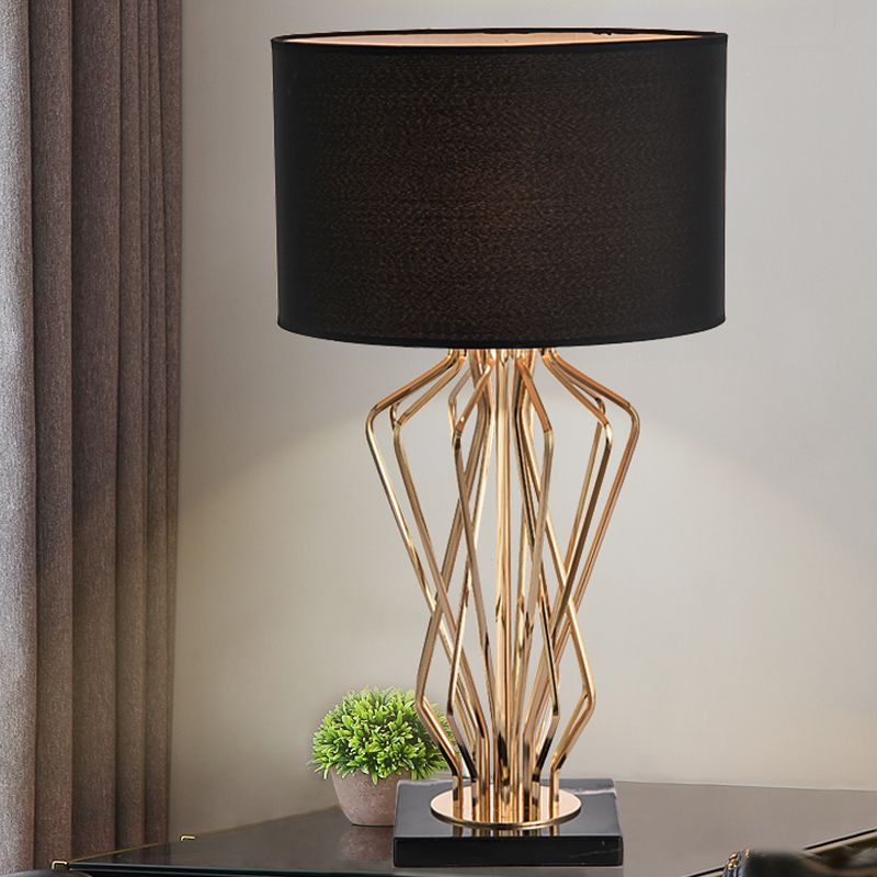 Gold Finish Hourglass Night Light Modern 1-Bulb Metal Table Lamp with Black/White Cylinder Fabric Shade