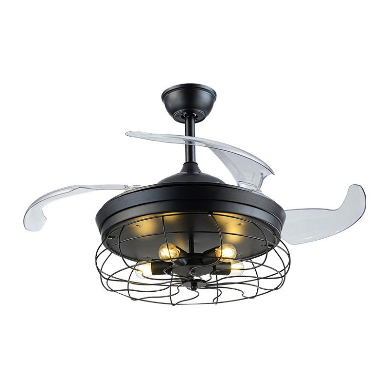 Metal Caged Pendant Fan Lamp Modernism 20" Wide 5 Lights Semi Flush Ceiling Light in Black with 4 Blades