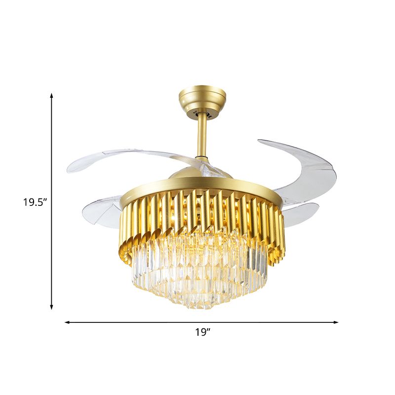 Postmodern Multi-Tier Fan Lighting 3 Blades Crystal LED Semi Flush Ceiling Light in Gold, 19" Wide