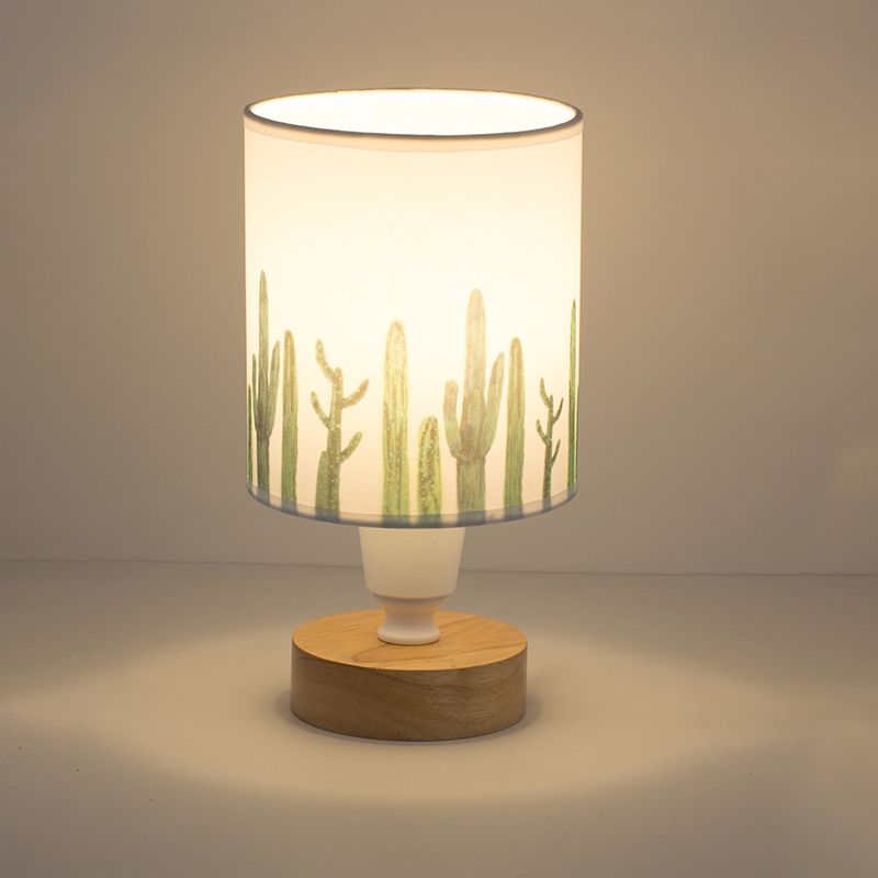 Fabric Cylinder Desk Light Modern 1-Bulb Reading Lamp with Tree/Fish/Cactus Deco and Wooden Base in White