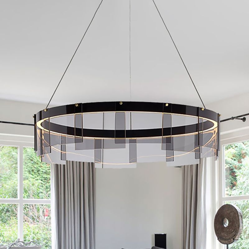 Black Glass Panel Ring Pendant Light Fixture Contemporary LED Ceiling Suspension Lamp in White/Warm Light