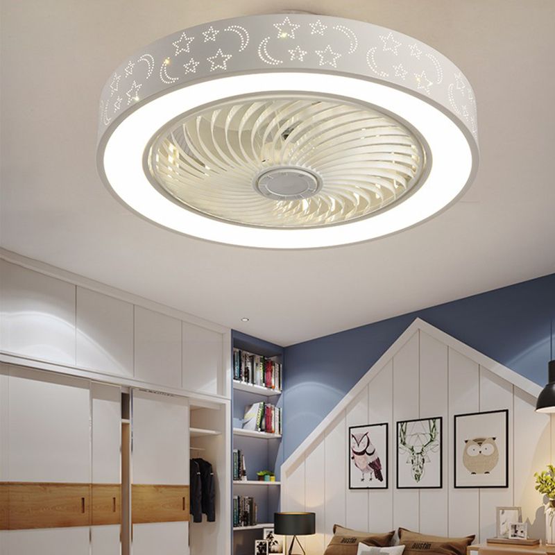 Modern Drum Shaped Fan Lamp Acrylic LED Bedroom Semi Flush Light in White with Remote