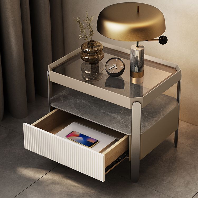 Modern Open Storage Bedside Cabinet Pine and Glass Night Table for Bedroom