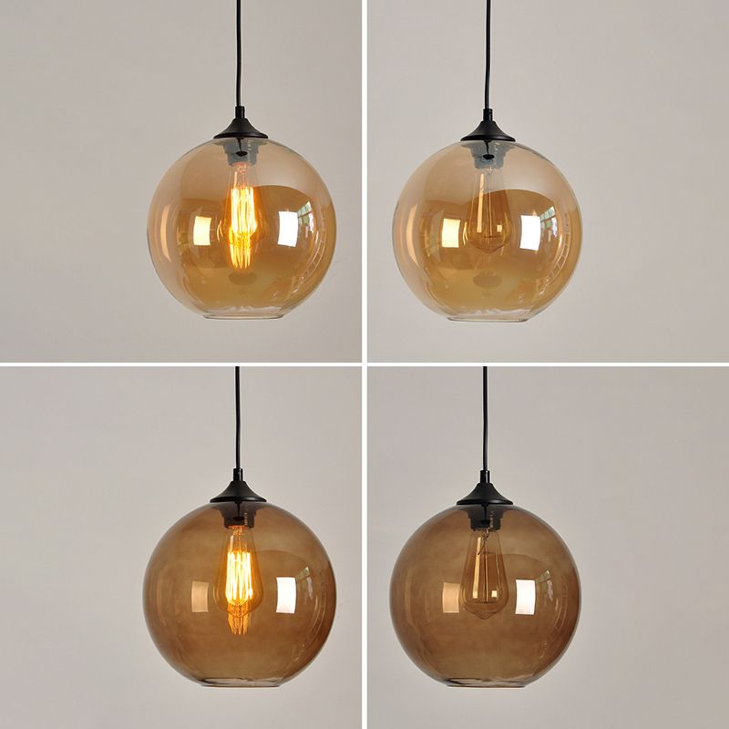 Industrial Vintage Single Pendant Light Wrought Iron Globe Hanging Lamp with Glass Shade