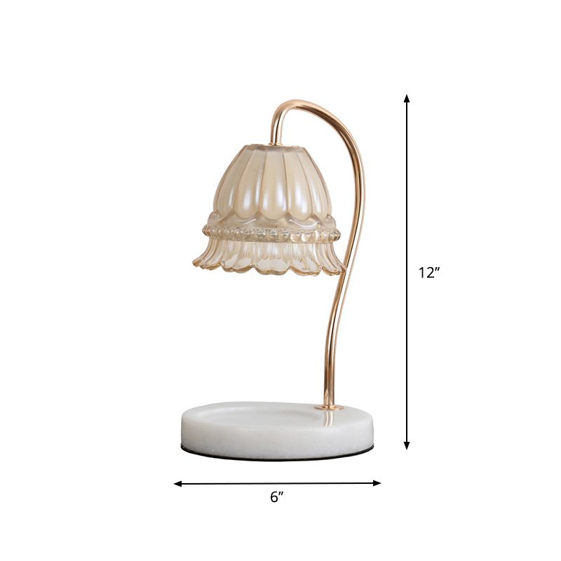 Tan Glass Flower Nightstand Lamp Designer 1-Light White and Brass Gooseneck Table Light