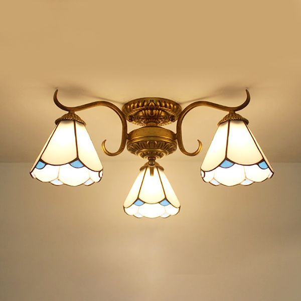 3 Lights Bowl Semi Flushmount Stained Glass Vintage Ceiling Light in Beige/Yellow/Purple/Clear/Blue-Pink/Blue-White/Green-White for Bedroom