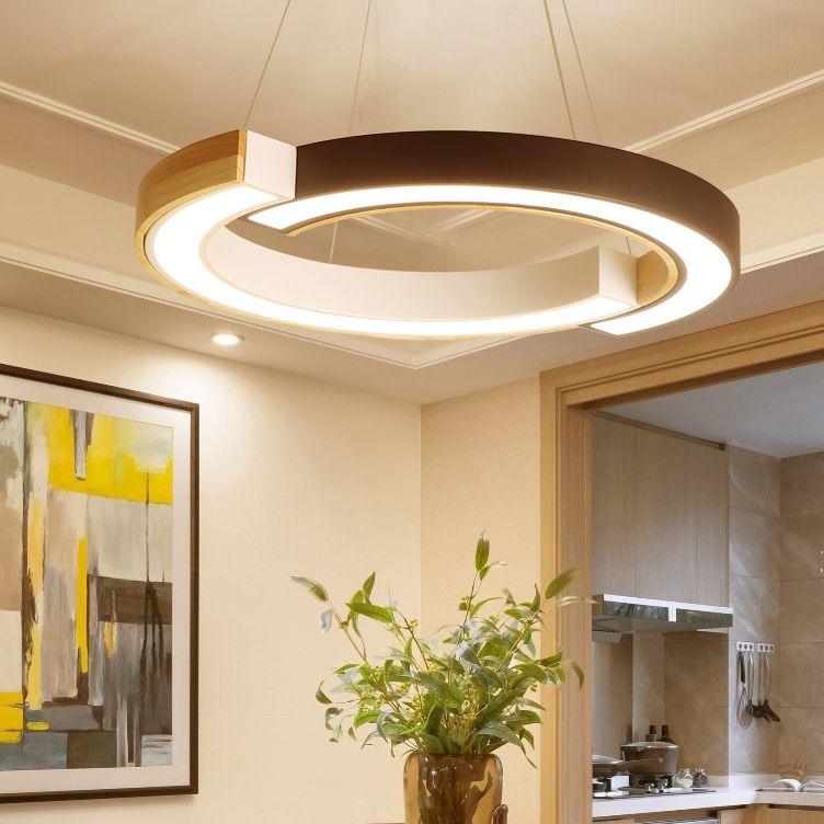 Ring Shape Pendant Lamp LED Simple Hanging Light for Living Room with Rubber Wood