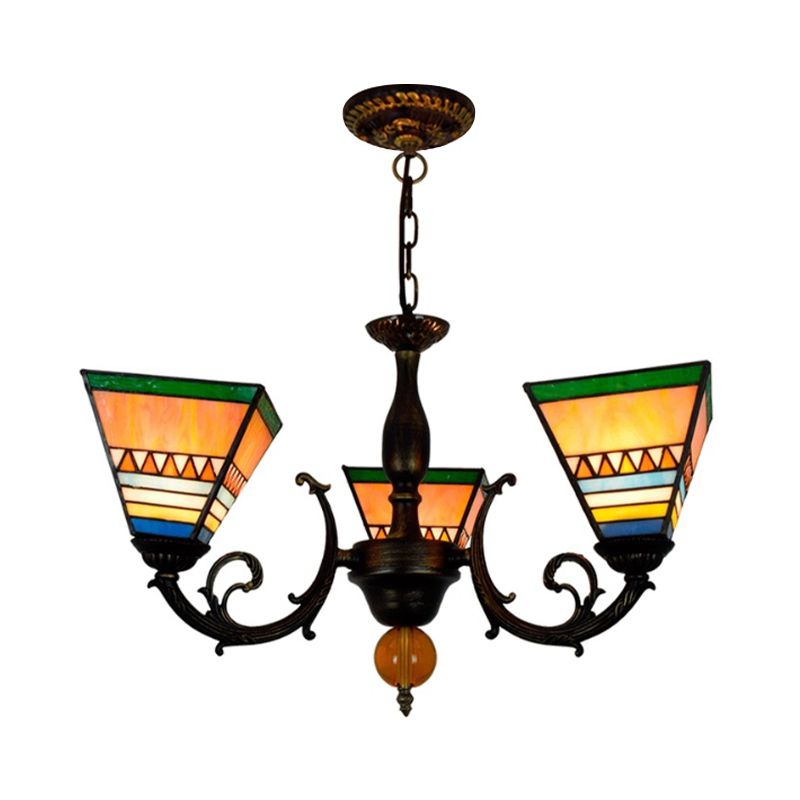 Pyramid Chandelier Retro Style Stained Glass 3 Bulbs Inverted Chandelier Light for Living Room