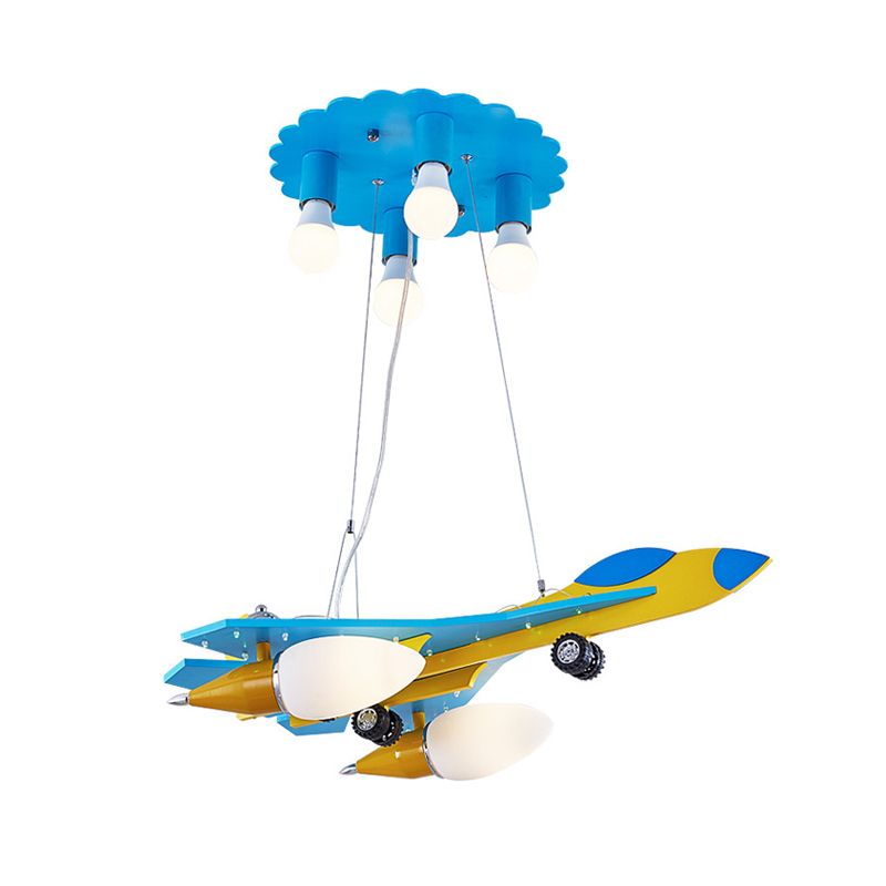 Fighter Jet Kindergarten Drop Lamp Wood 6-Light Kids Chandelier Pendant with Opal Glass Shade