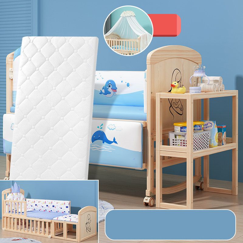 Convertible Baby Crib with Guardrail Solid Wood Nursery Bed with Casters