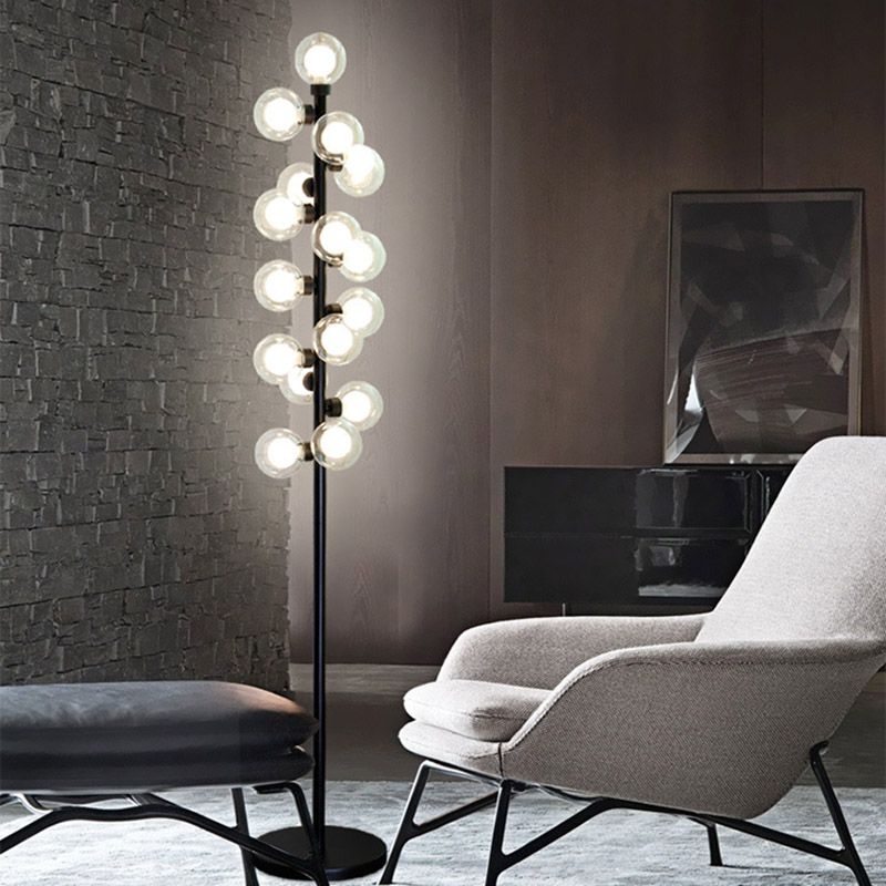 Orb Shape Reading Floor Lamp Nordic Glass LED Black Standing Light with Tree Design for Bedroom