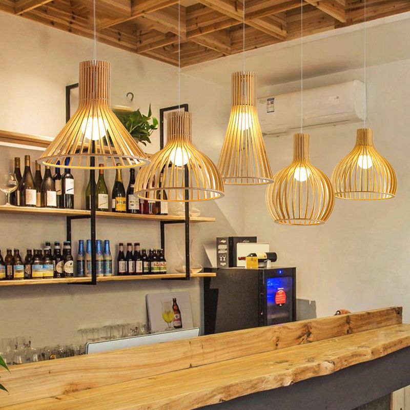 South-east Asia Shaded Ceiling Light Wood Single Restaurant Hanging Pendant Lighting