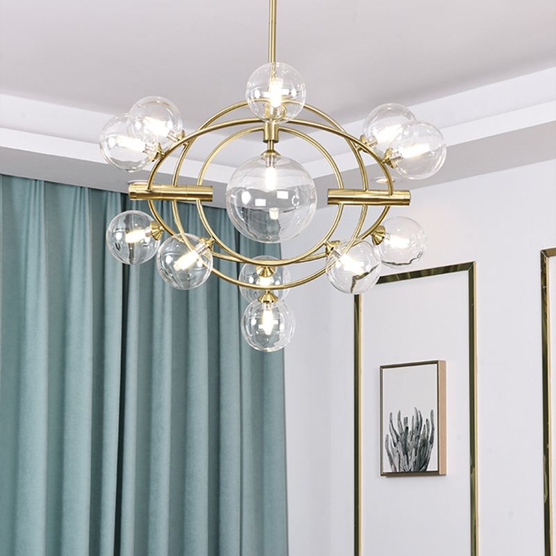 Gold Concentric Ring Pendant Light with Sphere Shade Amber/Clear/Smoke Glass Contemporary Chandelier for Living Room