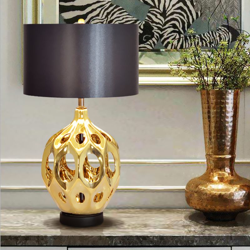 Ceramic Hollowed Out Jar Nightstand Lamp Retro 1-Bulb Bedroom Table Lighting in Gold/Rose Gold with Black Drum Shade