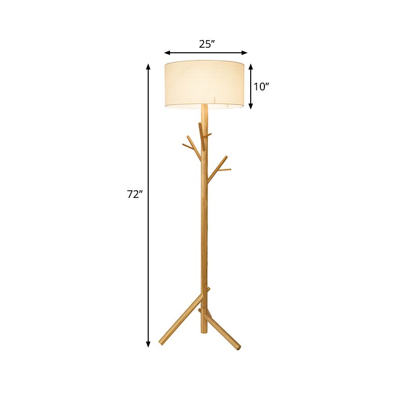 Drum White Fabric Floor Standing Light Contemporary 1-Bulb Wood Tree Stand Up Lamp