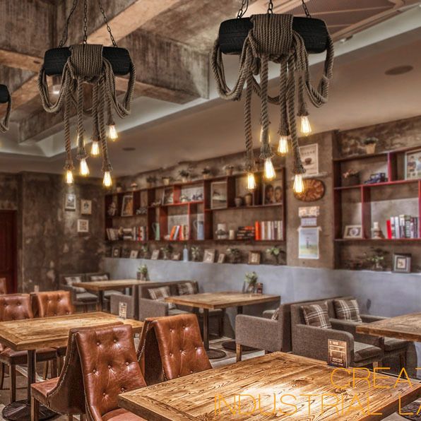 Modelado de neumáticos de estilo vintage Cáñamo Luz colgante de 6 luces Accesorios de iluminación de suspensión de bombilla abierta para cafetería