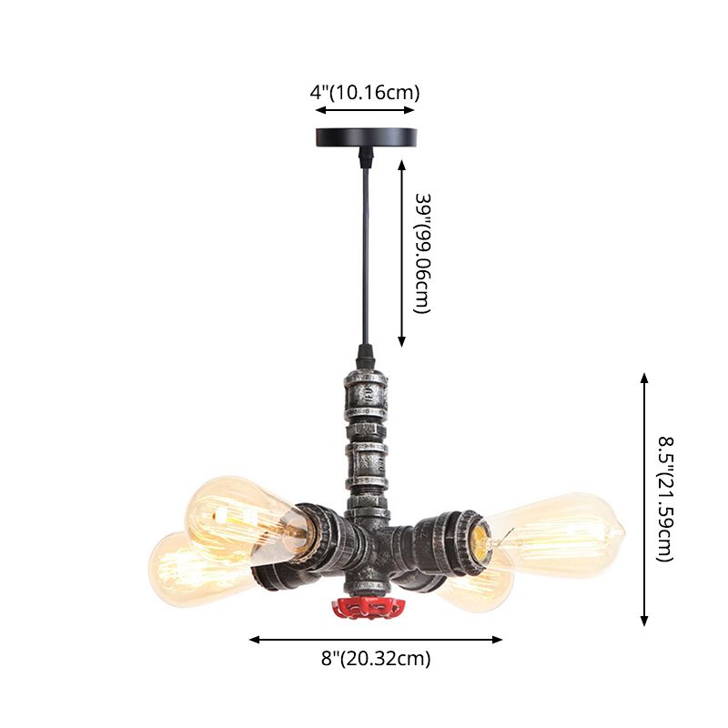 Water Pipe Chandelier Light Fixture in Rust Finish Industrial 4 Lights Industrial Edison Bulb Bar Cafe Shop Hanging Lamp