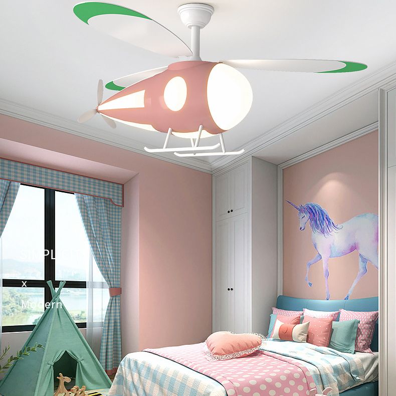 Metal Airplane Shaped Hanging Fan Light Cartoon LED Semi Flush Mount Lamp for Childrens Bedroom