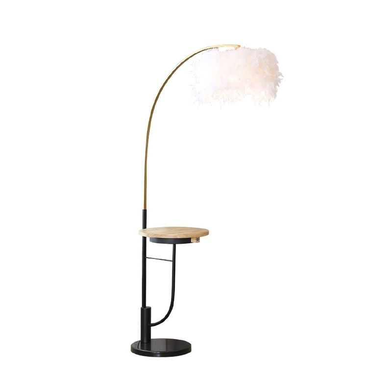 Fishing Rod Metal Desk Floor Light Modernism Single Gold and Black Standing Lamp with Drum White Feather Shade