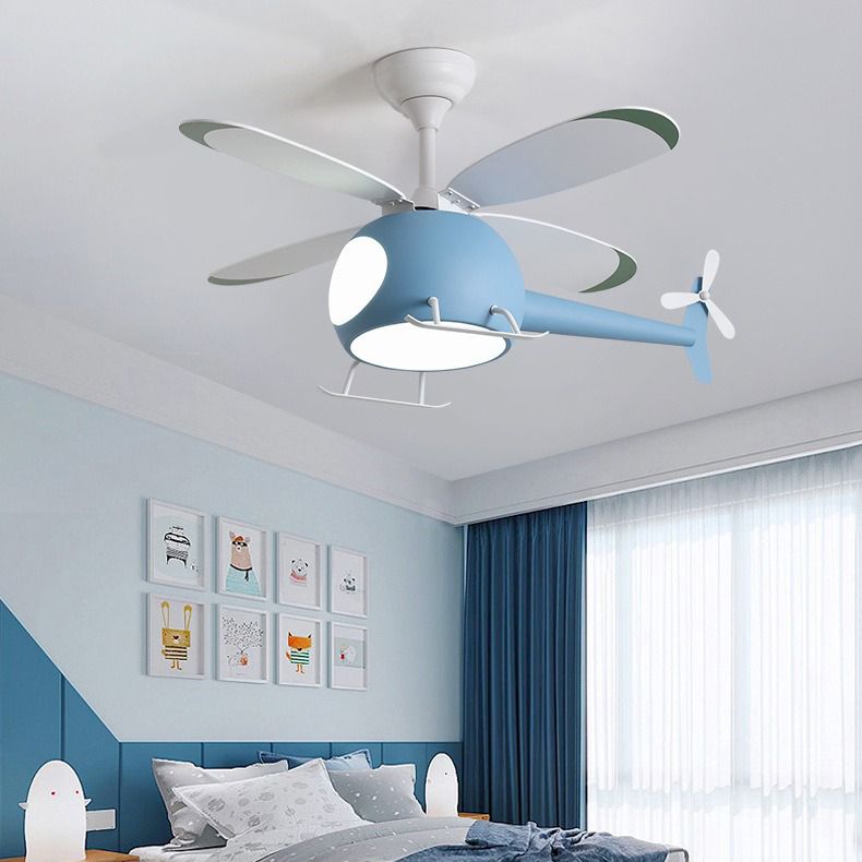 Kids Unique LED Indoor Hanging Lamp Lacquered Iron Airplane Fan Pendant Light with Acrylic Shade