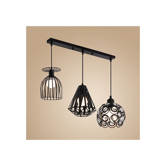 3 Lights Suspended Light Loft Style Caged Metal Ceiling Fixture with Different Shade in Black/White for Restaurant