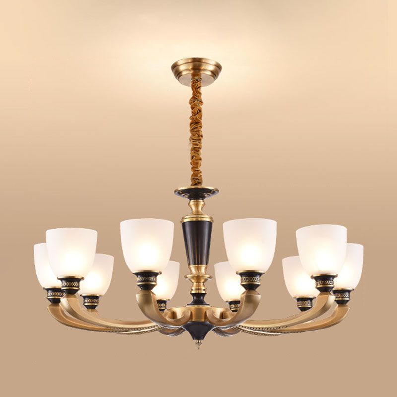 Simplicity Chandelier Lamp Brass Bowl Suspension Lighting Fixture with White Frosted Glass Shad