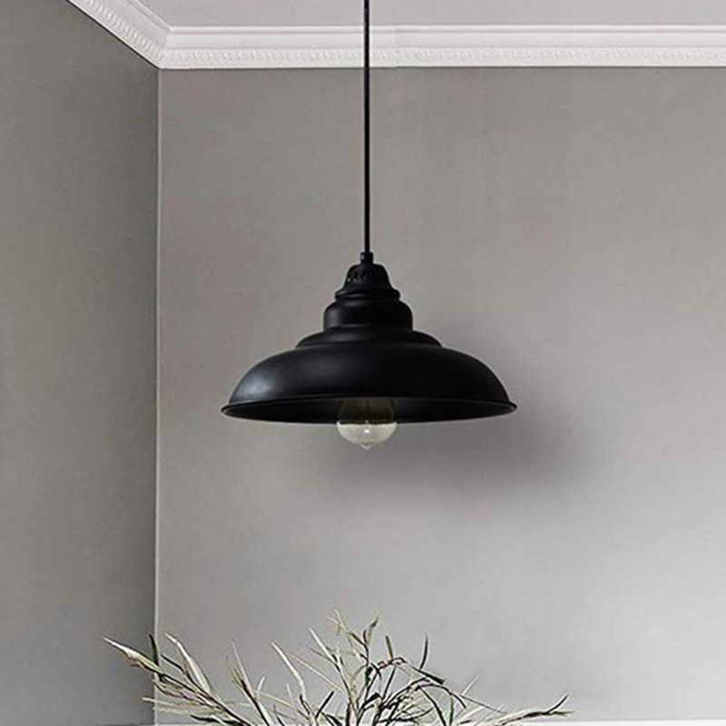 Barn Shade Metal Pendant Light Fixture Industrial Single Bulb Living Room Hanging Lamp in Black