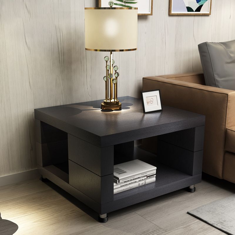 Modern Square 17.72" Tall Wood Side Table with 4 Legs and Double Tier