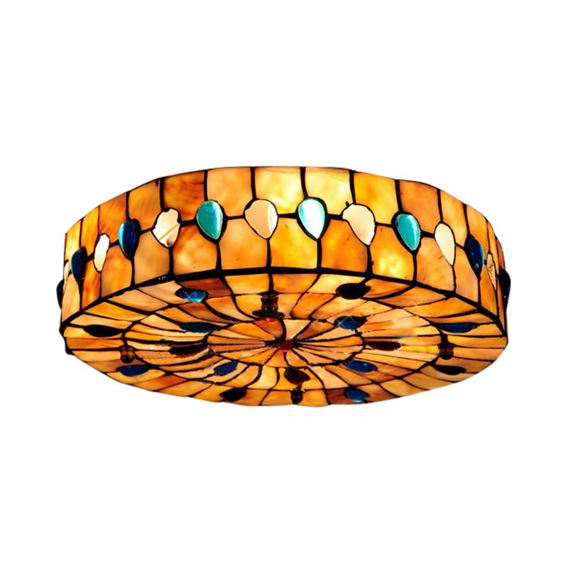 Stained Glass Ceiling Light Fixture, Drum Semi Flush Light with Jewel Decoration Tiffany Style