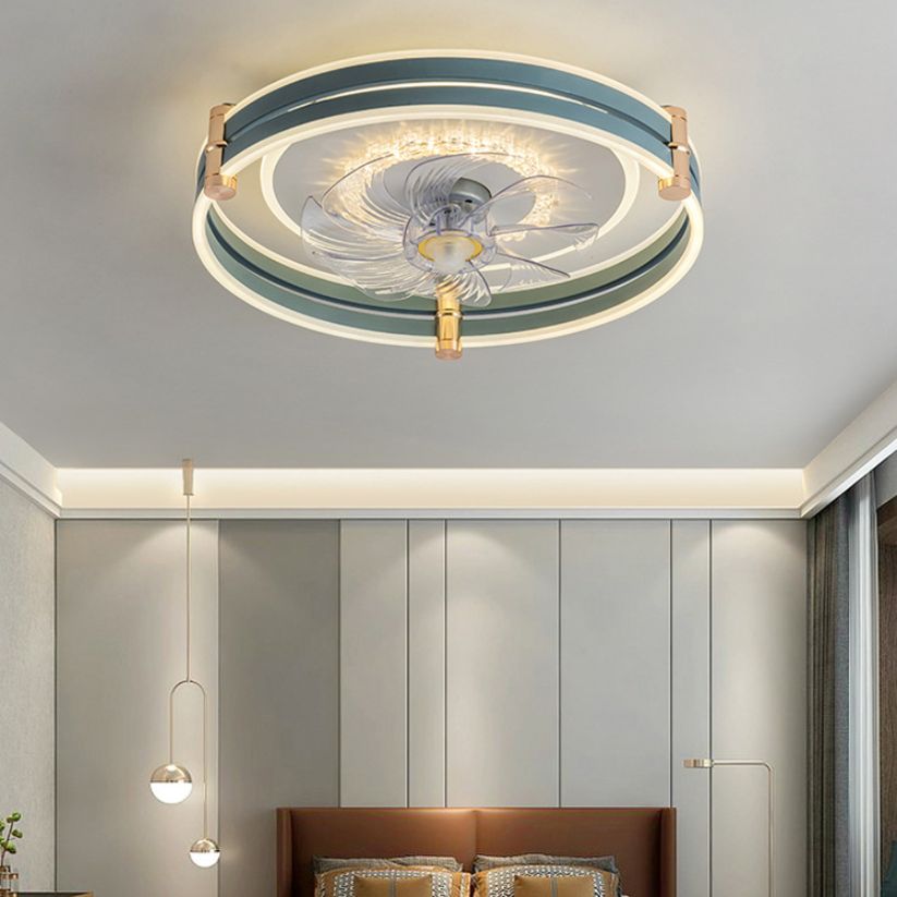 Circular LED Fan Lighting Fixture Macaron Metal Bedroom LED Semi Flush Mount Ceiling Light