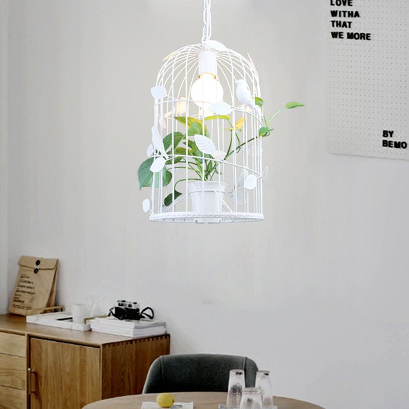 Vintage Bird Cage Ceiling Lamp 1 Bulb Iron Pendant Light in White with Potted Plant Design