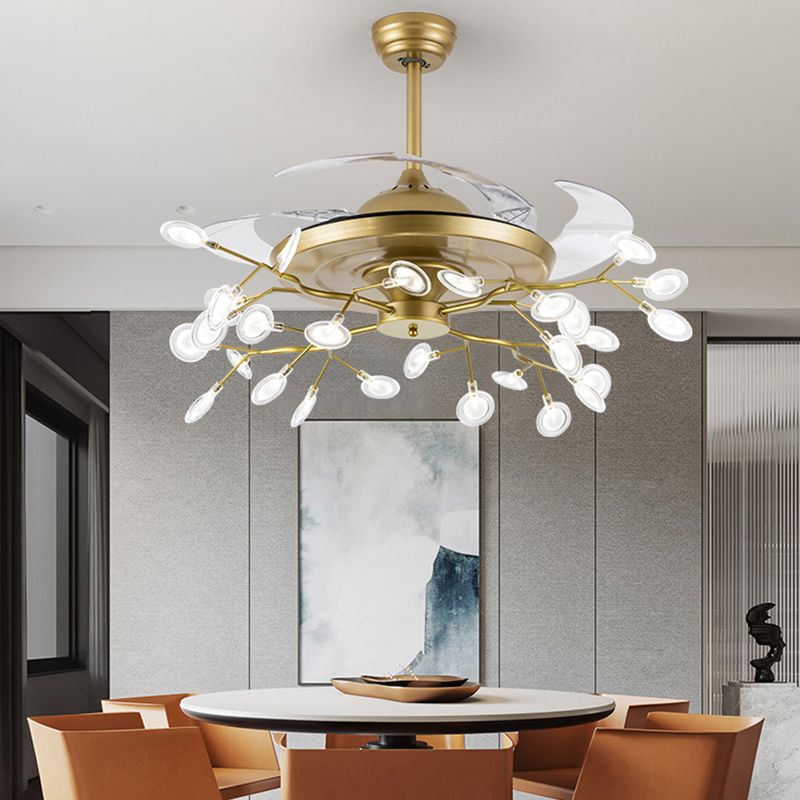 Remote Control Firefly Semi Flush Chandelier Postmodern Metal Dining Room Ceiling Fan Light, 42" W