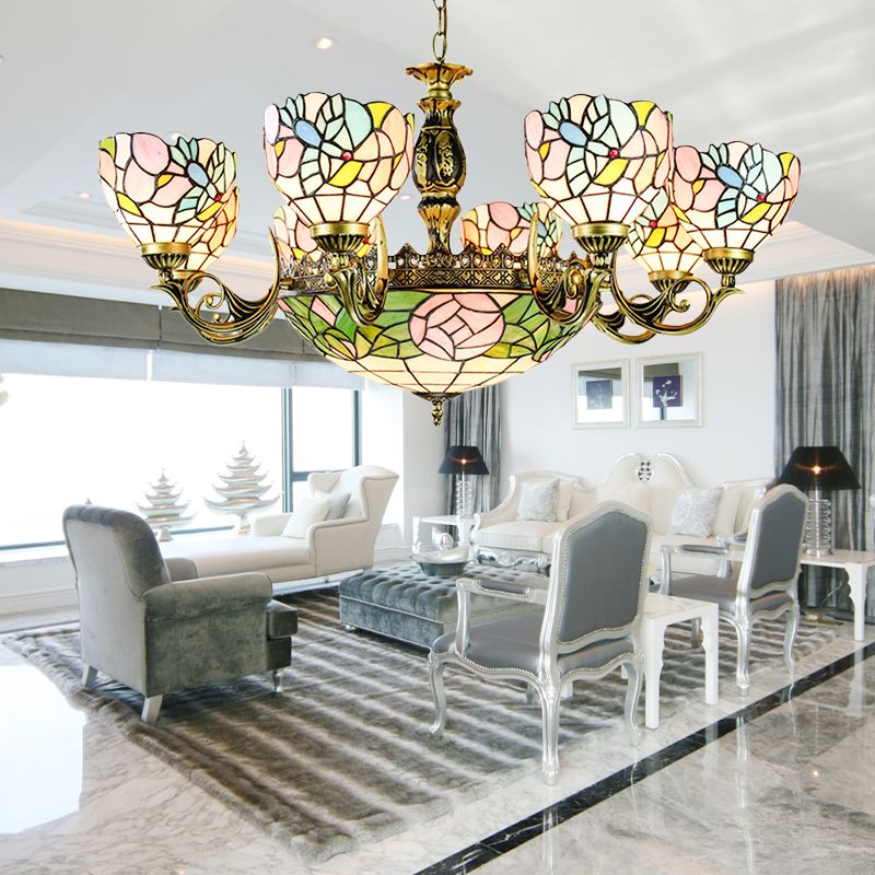 Flower and Bowl Pendant Lighting Stained Glass Lodge Loft Chandelier Lamp for Living Room