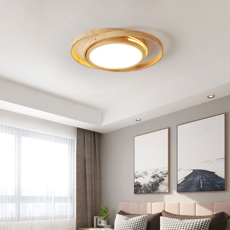 Wood Round Shape Flush Mount Light Modern-Style 1 Light Flush Ceiling Light in Brown