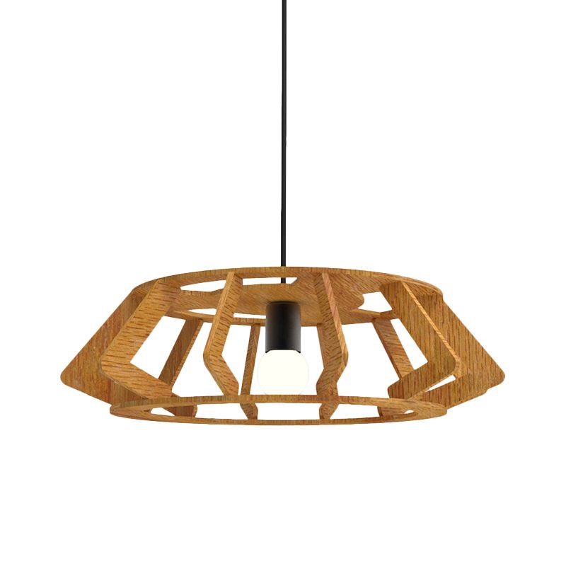 Lampada a sospensione a sospensione con cornice di tamburi asiatici in legno di studio a 1 lutto.