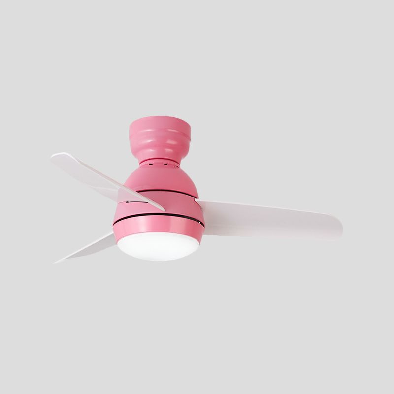 33.5" W LED Ceiling Fan Light Kids Dome Metal Semi Flushmount in Pink/Green/White with 3 White Plastic Blades, Wall/Remote Control