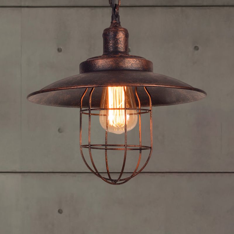 Nautical Saucer Ceiling Light with Cage Shade 1 Light Wrought Iron Hanging Pendant Light in Rust