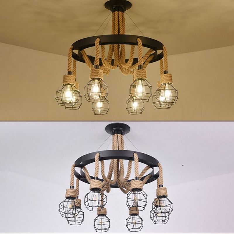 Cage Chandelier Light Fixture Industrial Rope Pendant Lighting for Restaurant