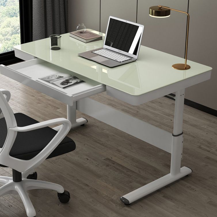 Contemporary Standing Desk Converter White Metal Trestle Base Desk for Office