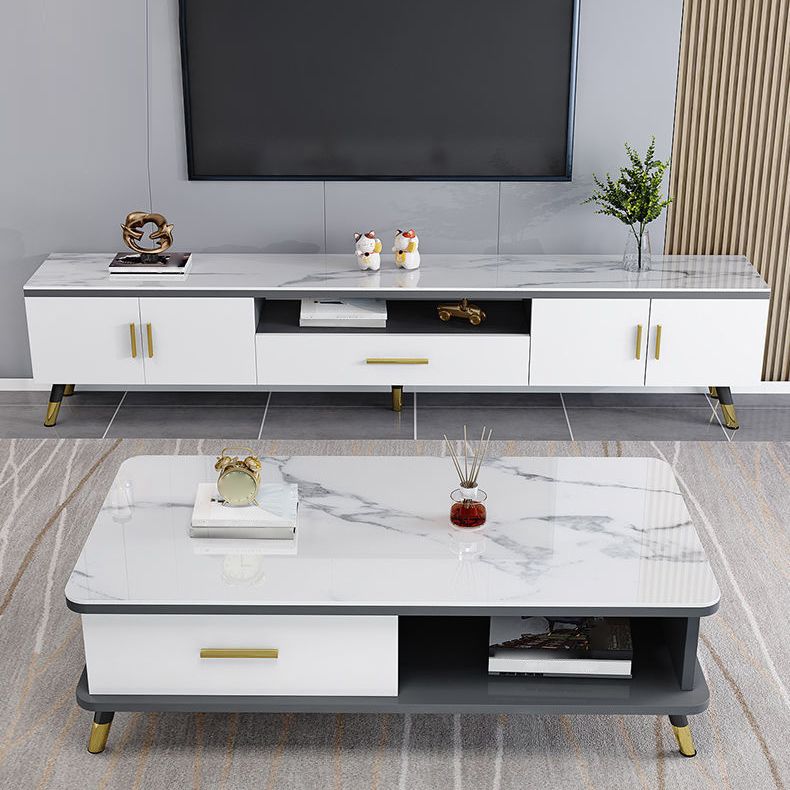 Gorgeous TV Stand Console With Record Storage , Glass and Wood TV Stand in Grey / White