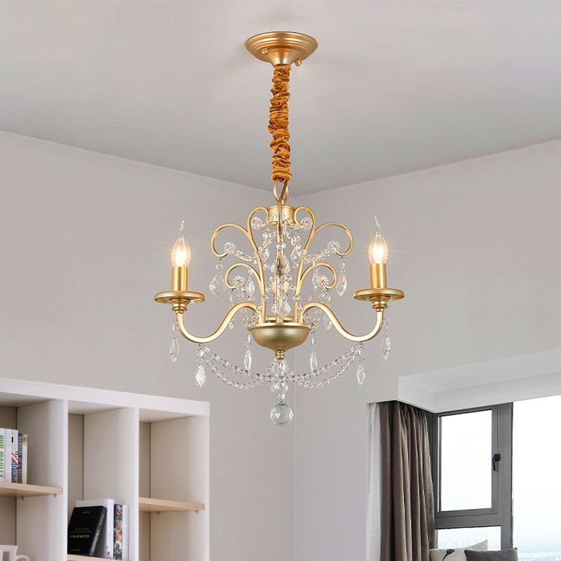 Flameless Candle Metal Pendant Chandelier Light Vintage Gold 3/6-Heads Hanging Lamp with Crystal Decoration