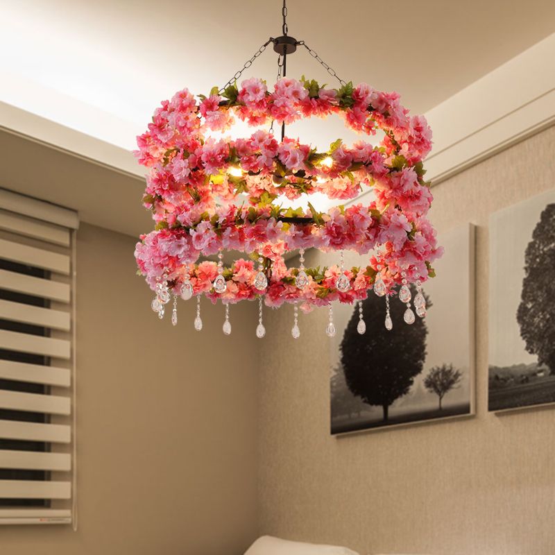 Lampe à lustre ronde vintage 6 bulbes de plafond de fleur à lad de métal LEDTANT LEUR en rose avec accent en cristal